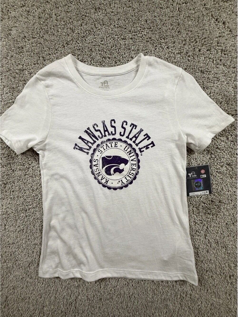NWT Team Athletics Girls M 7/8 Kansas State University T Shirt White and Purple